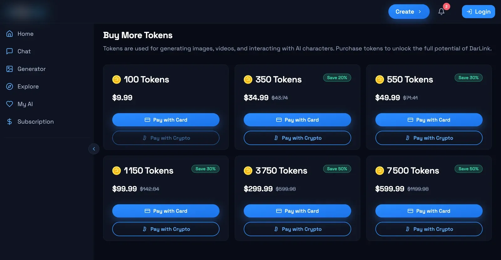 Page Buy More Tokens de darlink.ai : six packs de 100 à 7 500 jetons, paiement par carte ou crypto