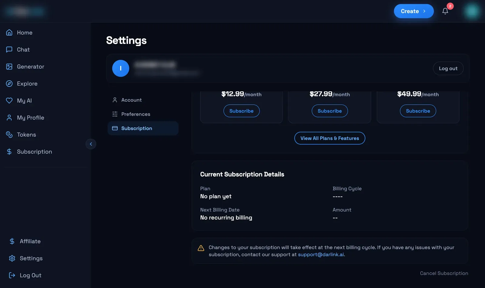 Paramètres de darlink.ai, onglet Subscription : détails de l'abonnement et lien Cancel Subscription en bas à droite