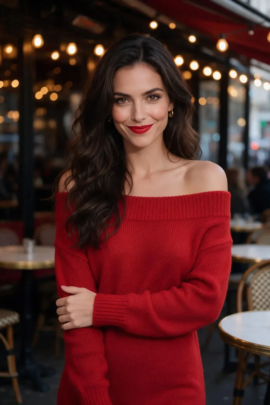Inès, exemple de personnage Darlink AI : femme brune en pull rouge sur une terrasse de café parisienne le soir