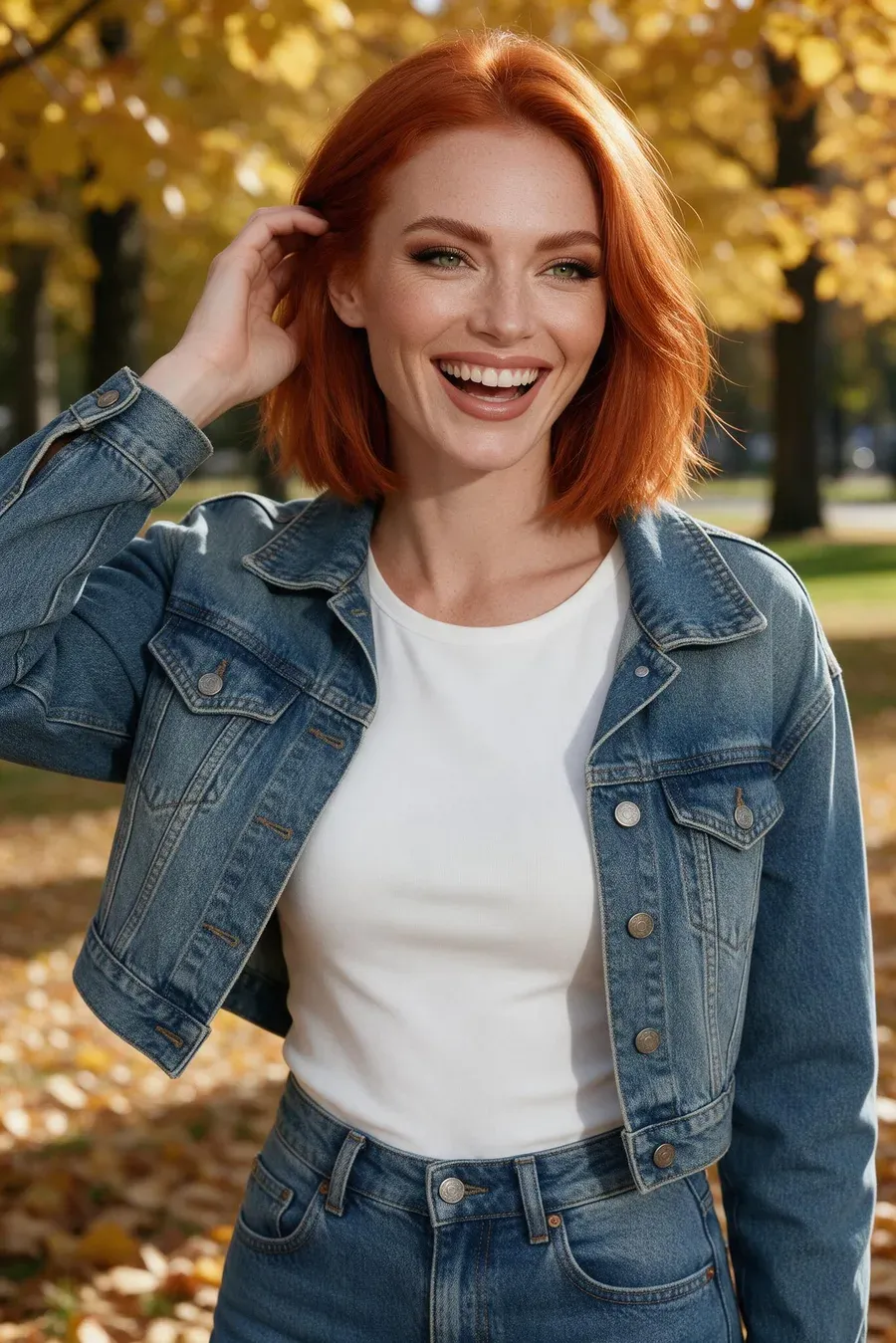 Maëlle, exemple de personnage Darlink AI : femme rousse en veste en jean qui rit dans un parc en automne