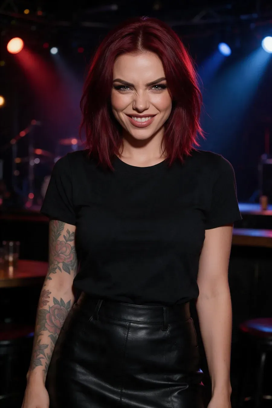 Zoé, exemple de personnage Darlink AI : femme aux cheveux rouges et au bras tatoué dans un bar-concert